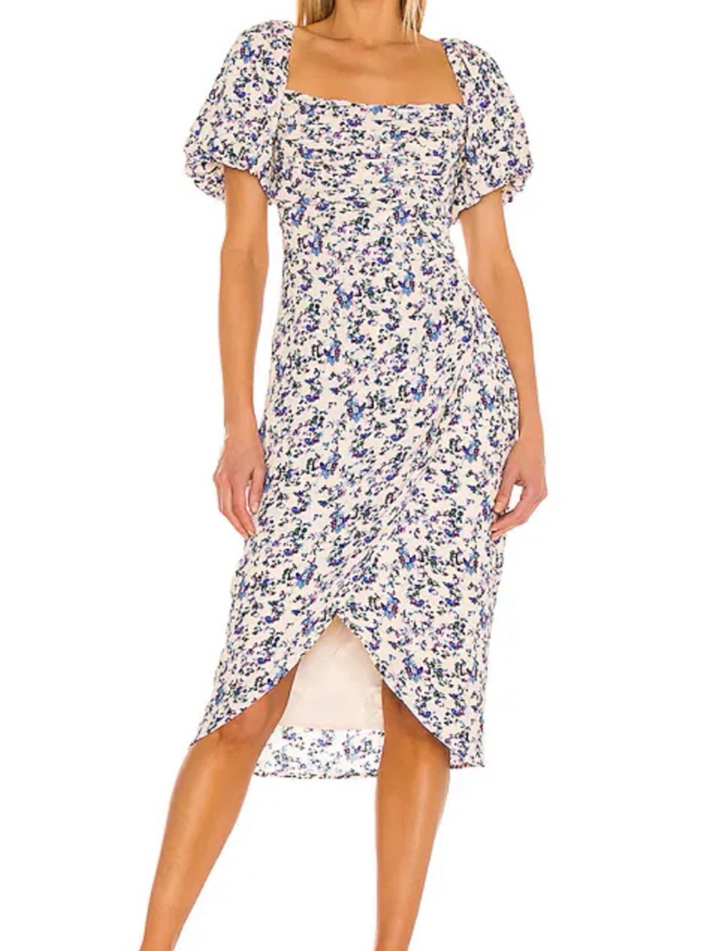 Astr Cream Midi Dress with Blue Floral Print